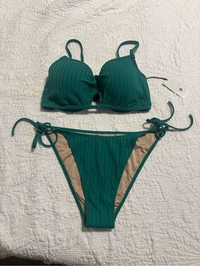 Shade & shore Green Ribbed Tie-Side Bikini Set - Women Swim 34c top large bottom